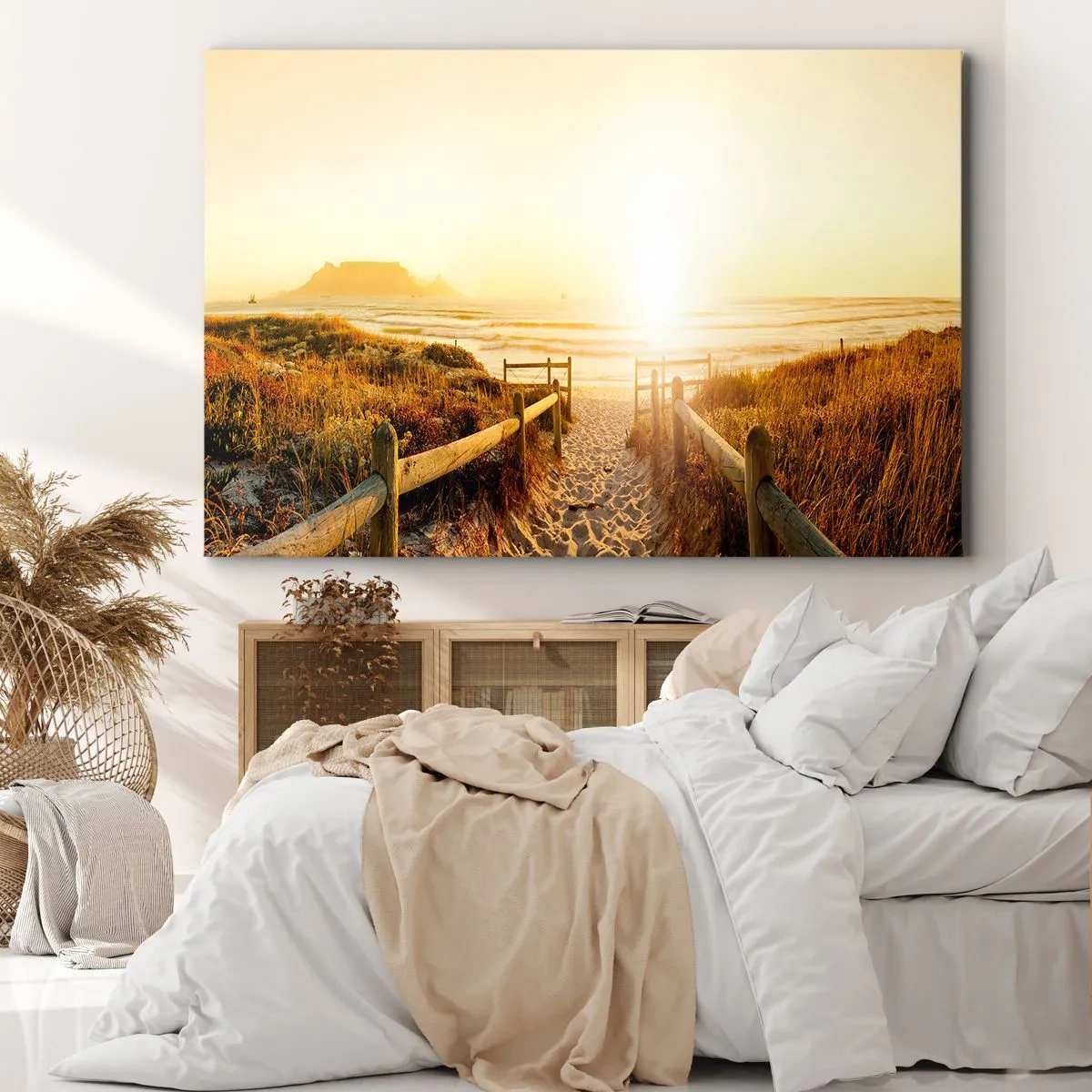 Impression sur toile - Image sur toile - Chemin vers la plage pendant un coucher de soleil doré - 100x70cm - A travers la dune, vers le soleil - Décoration murale moderne pour le salon et la chambre ARTTOR