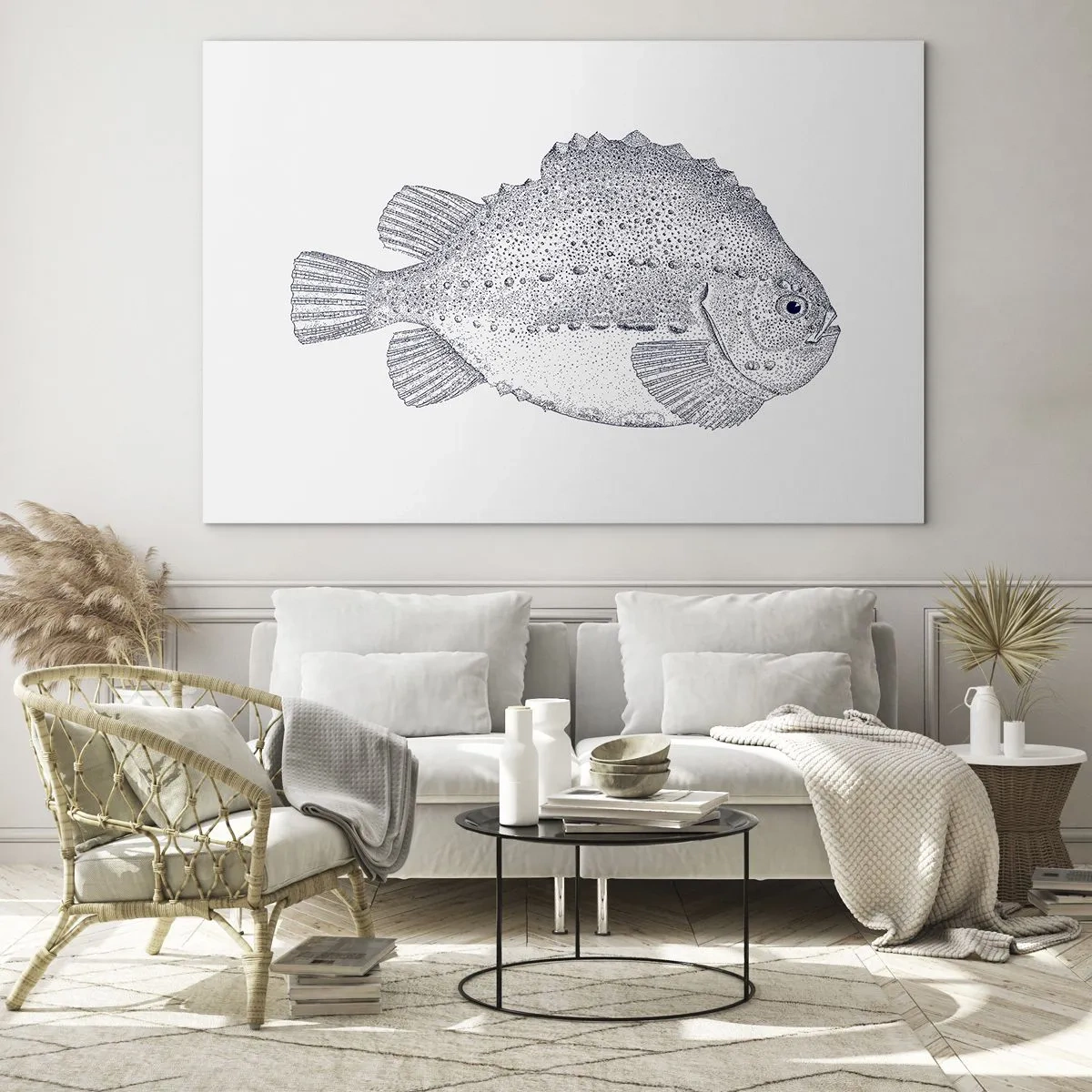 Impression sur verre - Image sur verre - Gravure détaillée d'un poisson sur fond blanc dans un style nature - 70x50cm - Pour l'album du naturaliste - Décoration murale moderne pour le salon et la chambre ARTTOR