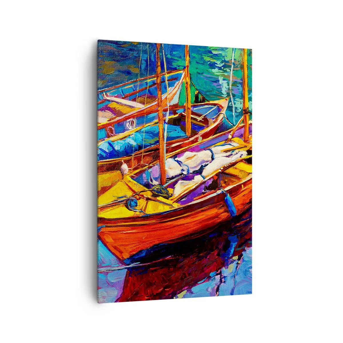 Impression sur toile - Image sur toile - Bateaux colorés sur une eau calme - 80x120cm - Sur l'eau épaisse de couleurs - Décoration murale moderne pour le salon et la chambre ARTTOR