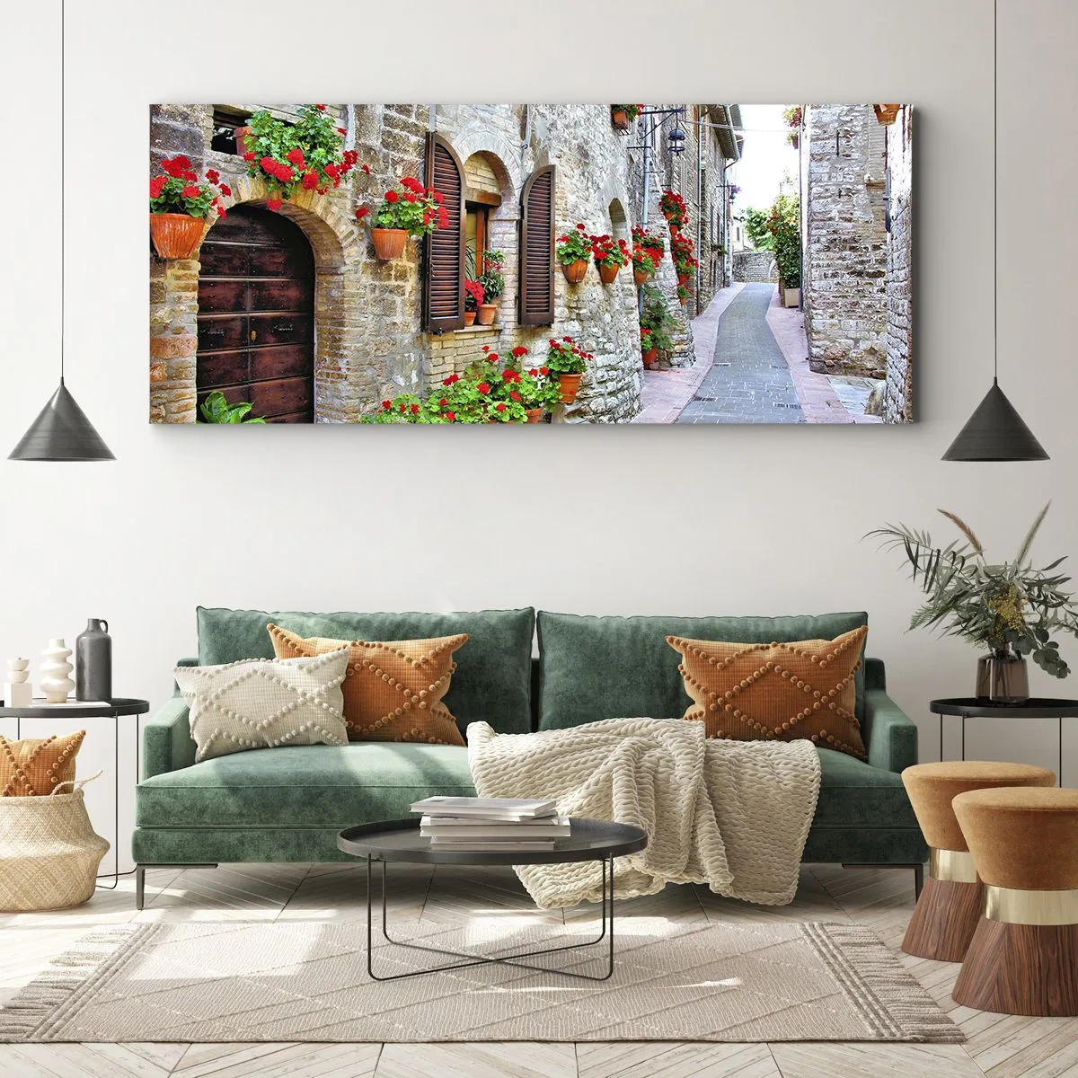 Impression sur toile - Image sur toile - Une rue étroite avec des bâtiments en pierre décorés de pots de fleurs - 140x50cm - Ambiance italienne - Décoration murale moderne pour le salon et la chambre ARTTOR