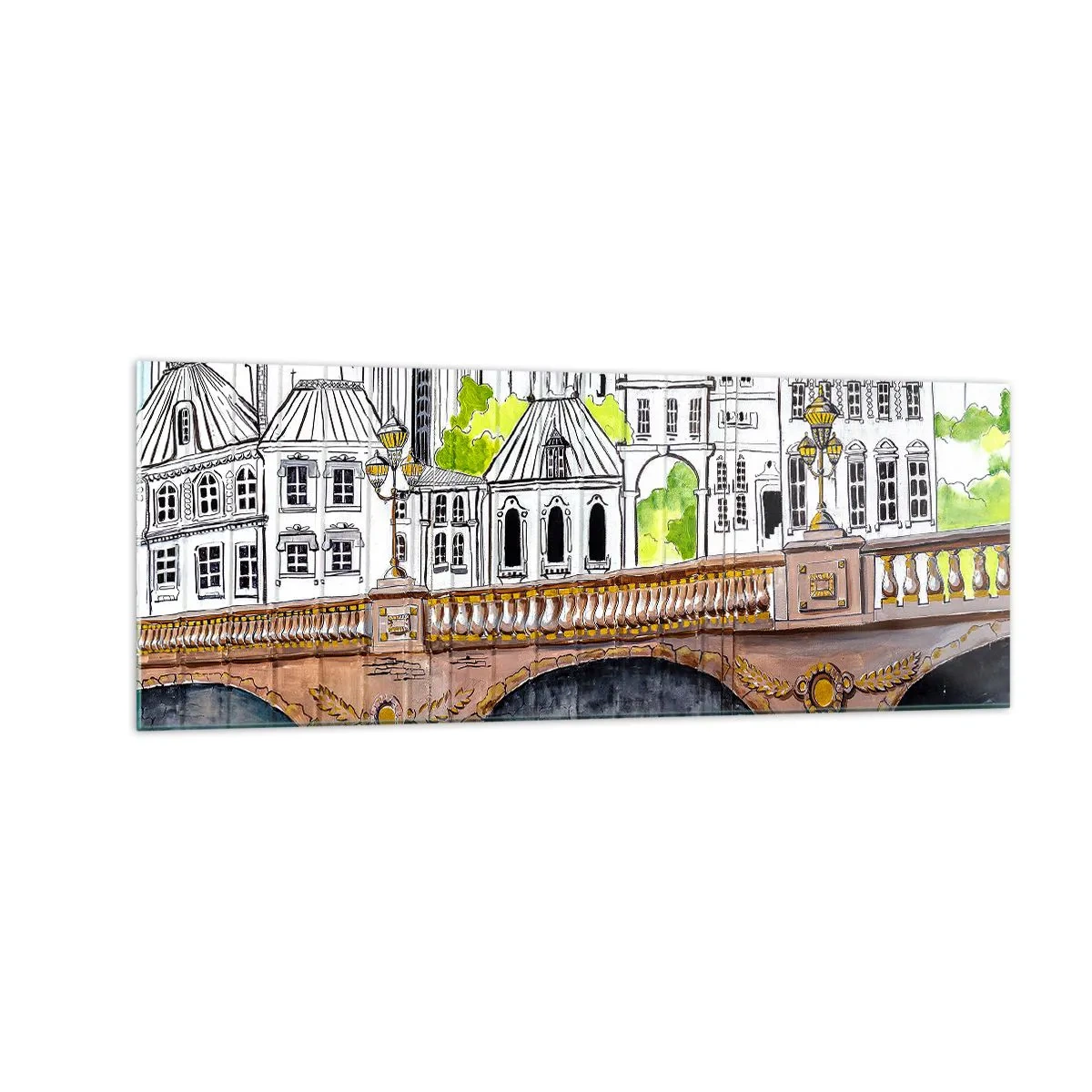 Impression sur verre - Image sur verre - Dessin du pont et de l'architecture urbaine historique - 140x50cm - Une ville comme peinte - Décoration murale moderne pour le salon et la chambre ARTTOR