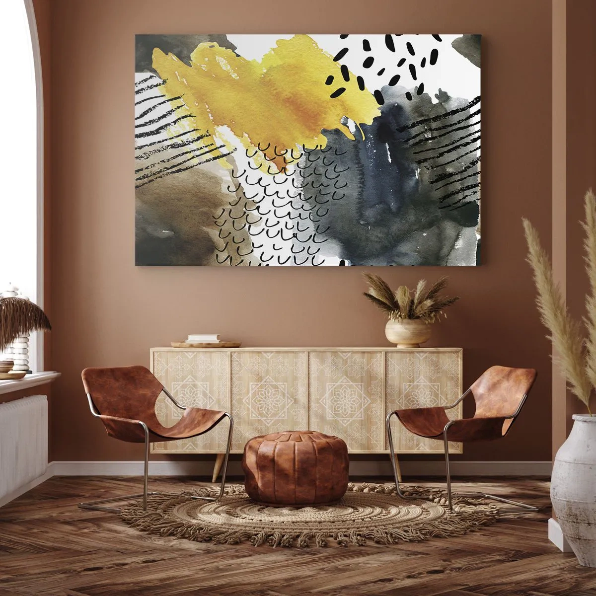 Impression sur toile - Image sur toile - Une composition abstraite avec des accents jaunes et des motifs graphiques. - 70x50cm - Rencontre des éléments - Décoration murale moderne pour le salon et la chambre ARTTOR