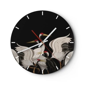 Horloge murale - Pendule murale - Un groupe de grues sur fond noir dans une illustration stylisée - 30x30cm - Histoire d'oiseaux - Décoration murale moderne pour le salon, la cuisine et la chambre ARTTOR