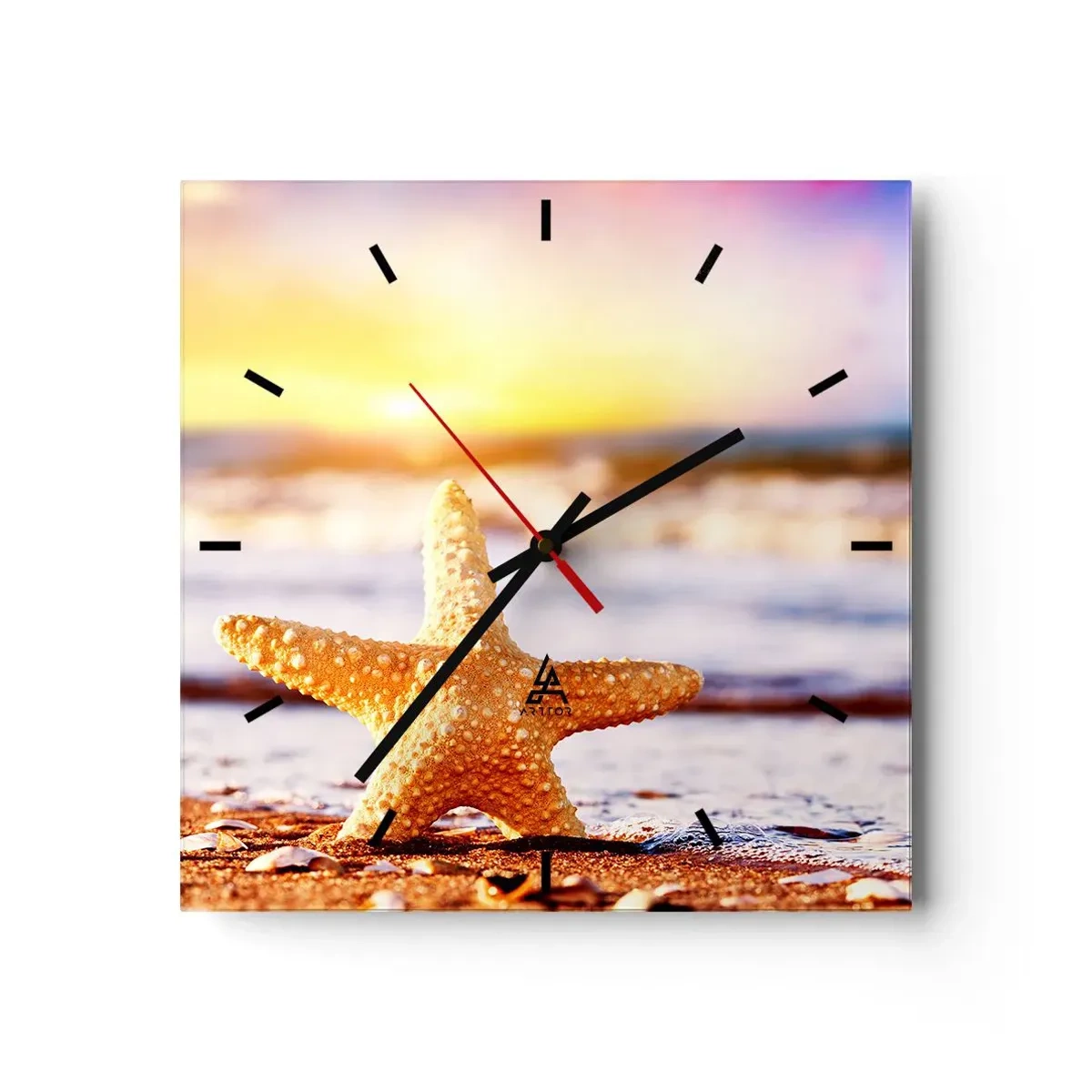 Horloge murale - Pendule murale - Une étoile de mer sur une plage de sable à la lueur du soleil couchant - 30x30cm - Cadeau de la mer - Décoration murale moderne pour le salon et la chambre ARTTOR