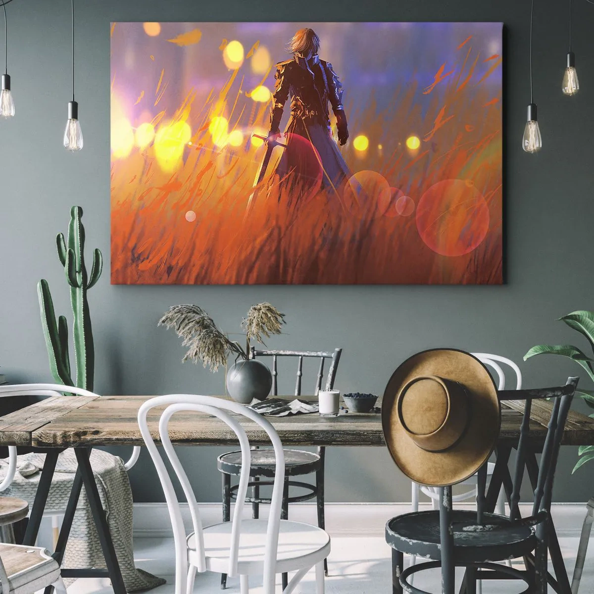 Impression sur toile - Image sur toile - La figure d'un chevalier à la lumière du soleil couchant dans un champ - 120x80cm - Chevalier errant - Décoration murale moderne pour le salon et la chambre ARTTOR