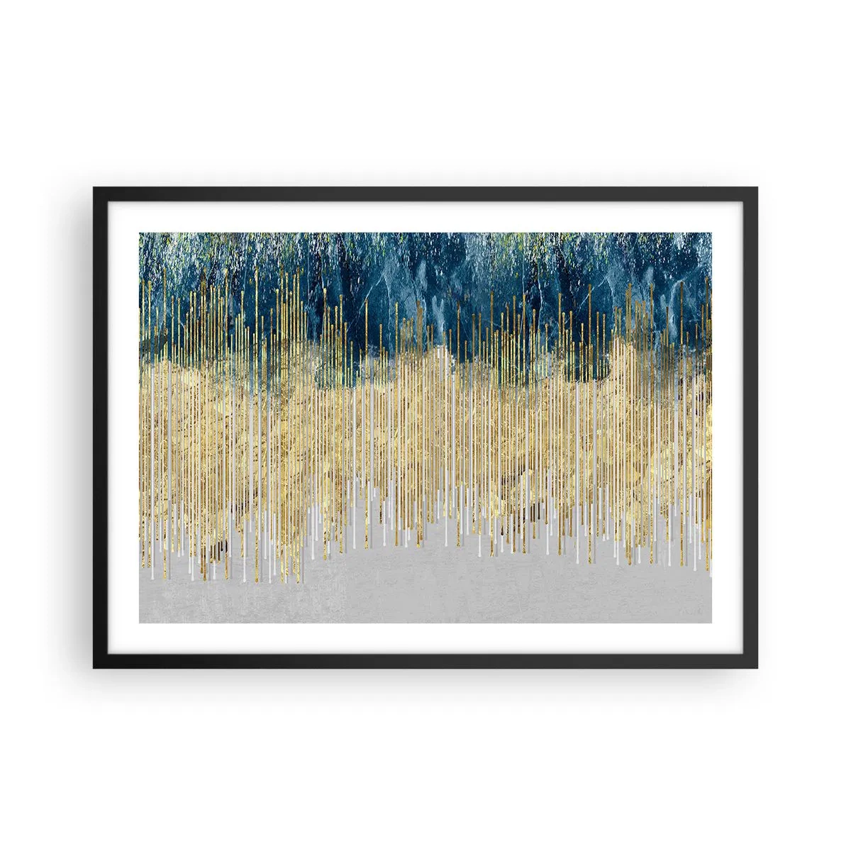 Affiche dans un cadre noir - Poster - Lignes dorées sur fond d'abstraction bleu marine et gris - 70x50cm - Bordure dorée - Décoration murale moderne pour le salon et la chambre ARTTOR