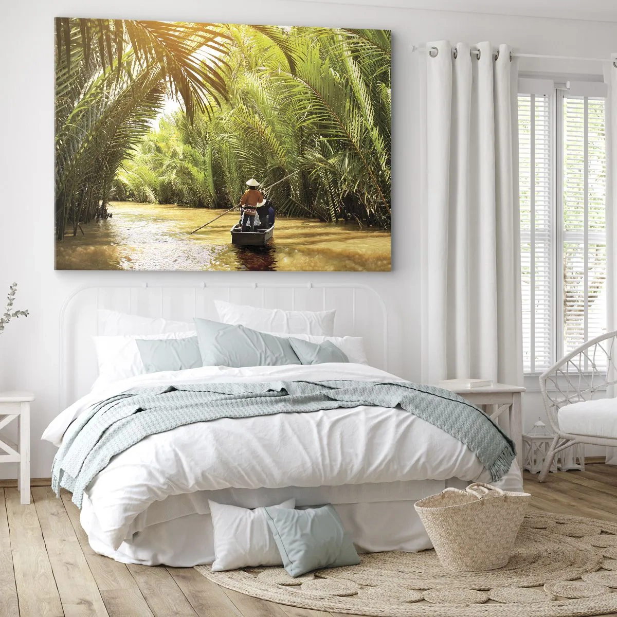 Impression sur toile - Image sur toile - Un bateau sur une rivière entourée de végétation tropicale - 100x70cm - Ravin de palmier - Décoration murale moderne pour le salon et la chambre ARTTOR