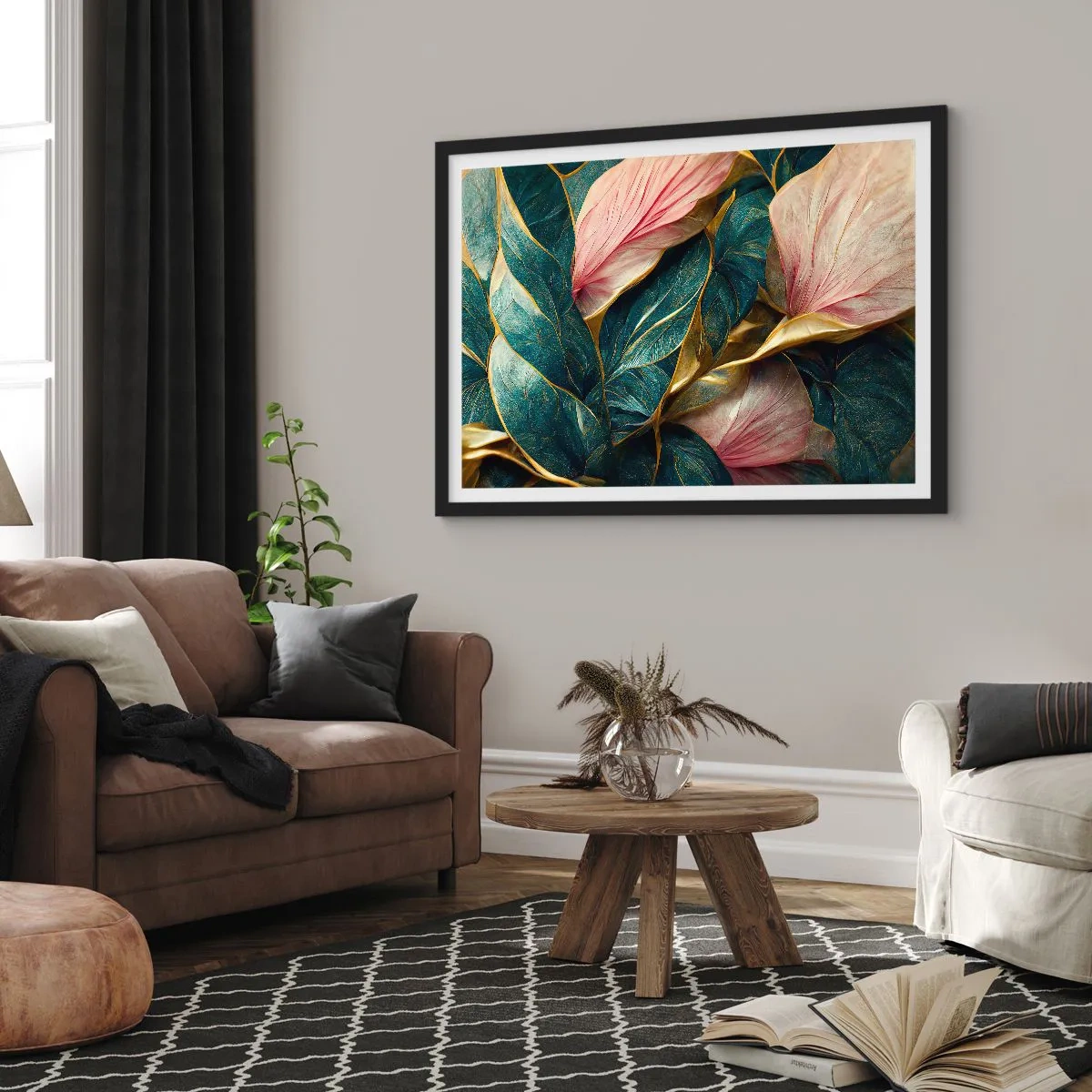 Affiche dans un cadre noir - Poster - Feuilles élégantes en vert, or et rose - 70x50cm - Élégance et style naturels - Décoration murale moderne pour le salon et la chambre ARTTOR