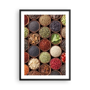Affiche dans un cadre noir - Poster - Épices colorées dans de petits bols en bois - 50x70cm - Toutes les saveurs du monde - Décoration murale moderne pour le salon et la chambre ARTTOR