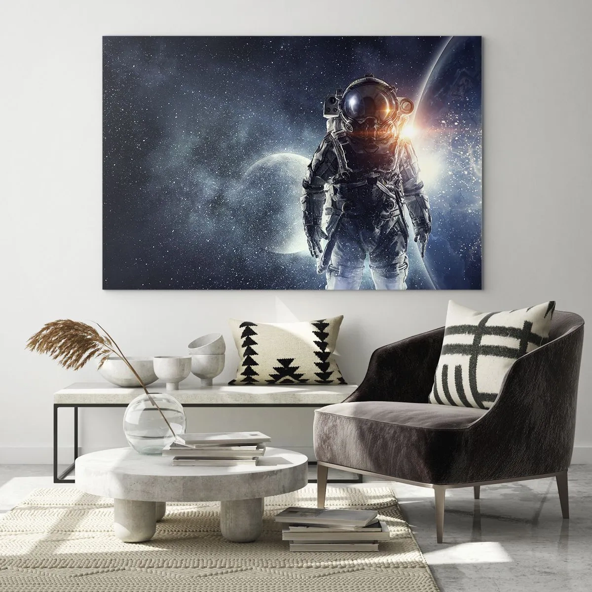 Impression sur verre - Image sur verre - Astronaute sur fond de planètes et d'étoiles - 100x70cm - Aventure spatiale - Décoration murale moderne pour le salon et la chambre ARTTOR