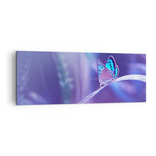 Impression sur toile - Image sur toile - Un délicat papillon bleu sur une tige dans une lumière violette - 140x50cm - Un joyau de la nature - Décoration murale moderne pour le salon et la chambre ARTTOR