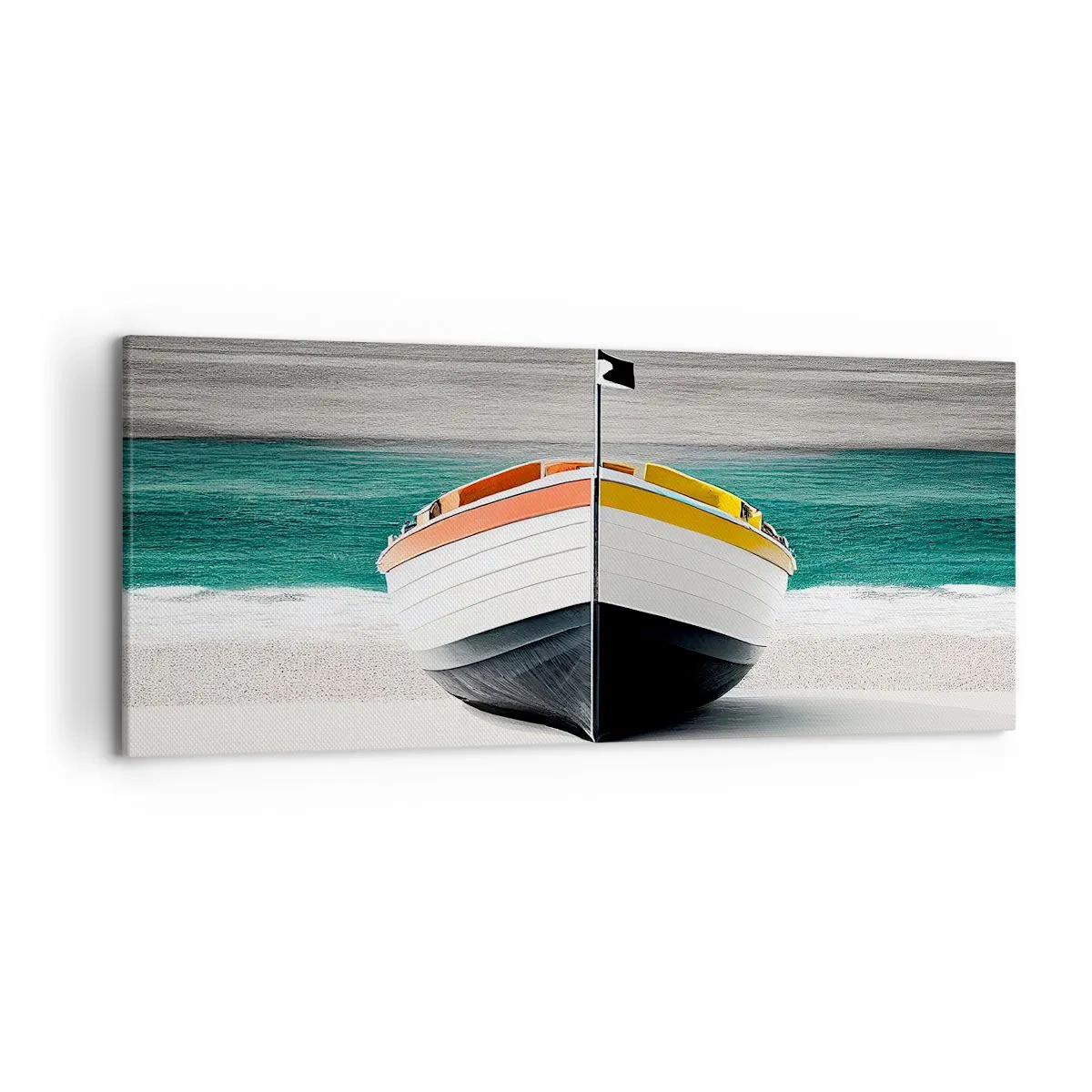 Impression sur toile - Image sur toile - Un bateau sur la plage avec une mer turquoise en arrière-plan - 120x50cm - A sa place - Décoration murale moderne pour le salon et la chambre ARTTOR