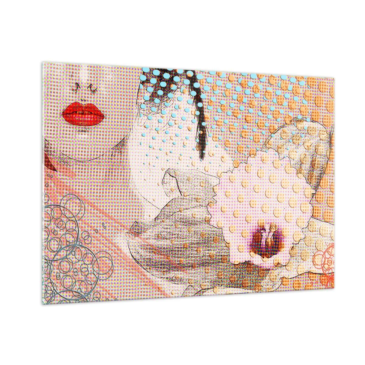 Impression sur verre - Image sur verre - Illustration d'un portrait de femme avec une fleur en arrière-plan dans le style pop art - 100x70cm - Héroïne de bande dessinée - Décoration murale moderne pour le salon et la chambre ARTTOR