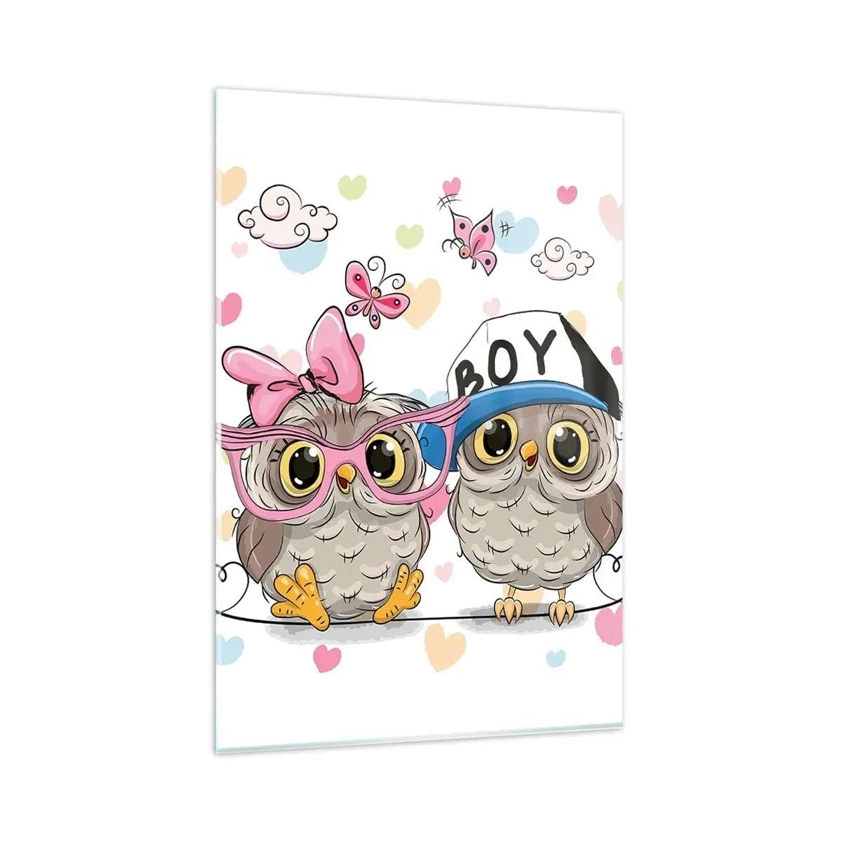 Impression sur verre - Image sur verre - Deux adorables hiboux entourés de cœurs - 80x120cm - On s'aime! - Décoration murale moderne pour le salon et la chambre ARTTOR