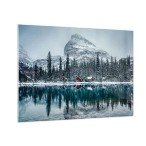 Impression sur verre - Image sur verre - Paysage d'hiver avec montagnes, forêt et chalets au bord du lac - 70x50cm - Retraite canadienne - Décoration murale moderne pour le salon et la chambre ARTTOR