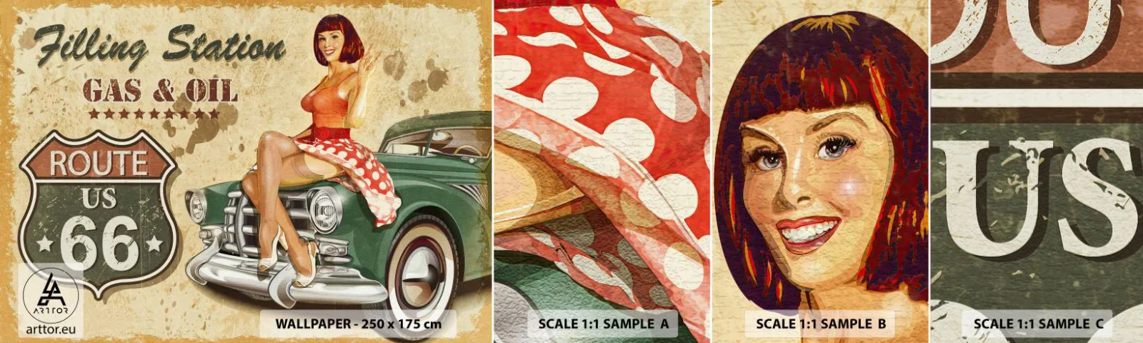 Échantillon De Papier Peint Standard Eco - Les superbes années 40. - Route 66, Voiture, Automobile - 100x30 cm