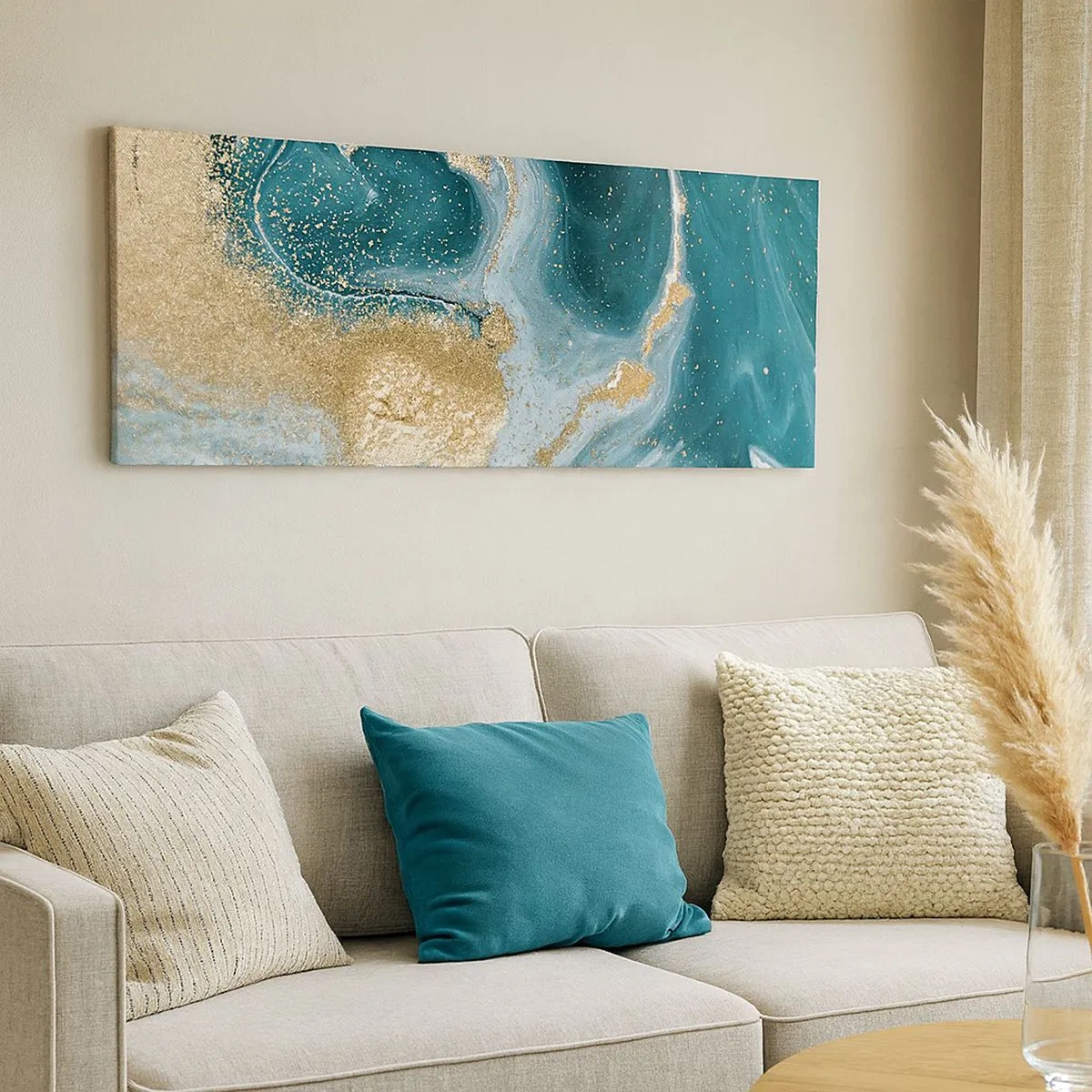 Impression sur toile - Image sur toile - Tourbillon d'or et de turquoise - 100x40 cm