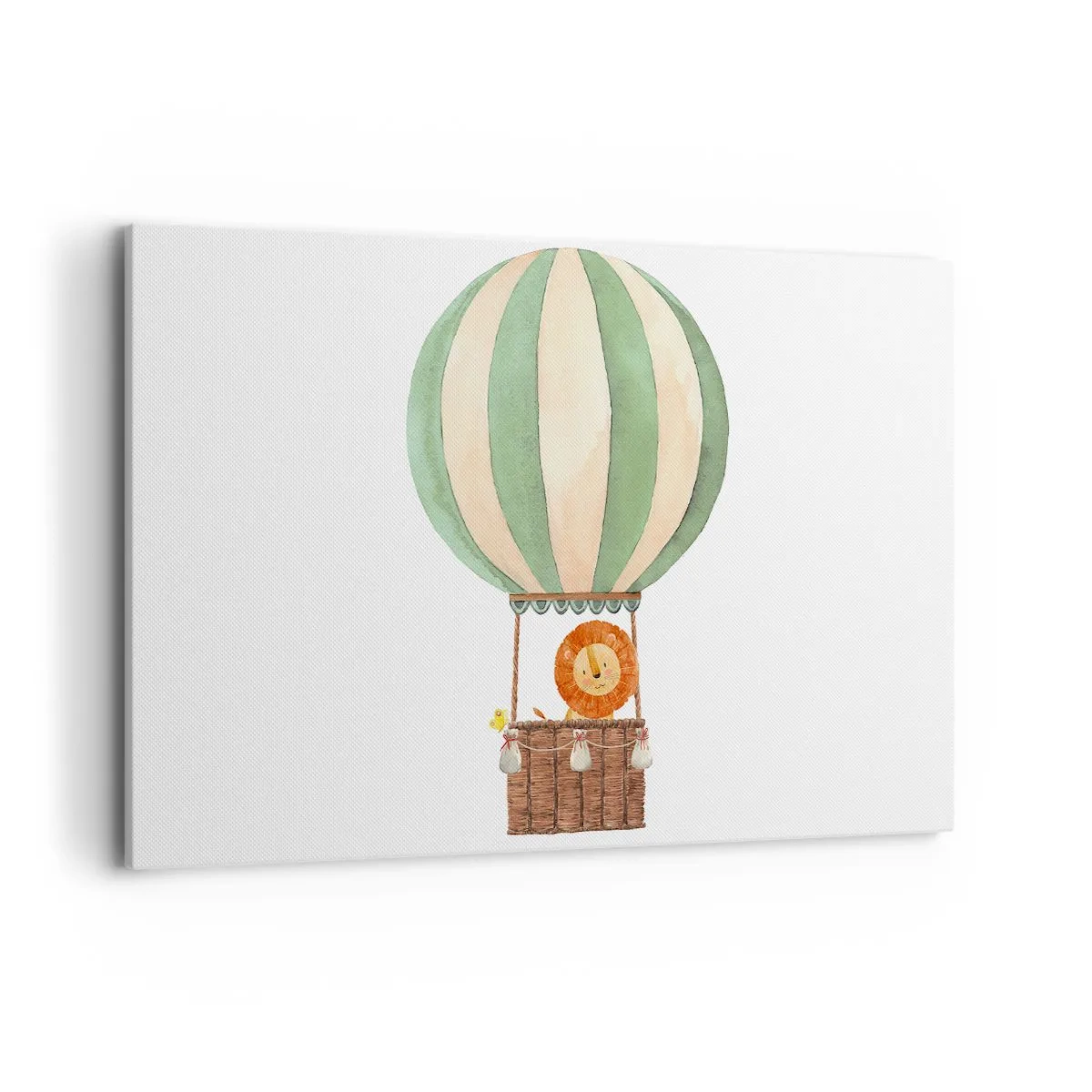 Impression sur toile - Image sur toile - Un ballon avec un lion souriant dans un panier aux couleurs pastel - 120x80cm - Les voyages de Léon - Décoration murale moderne pour le salon et la chambre ARTTOR