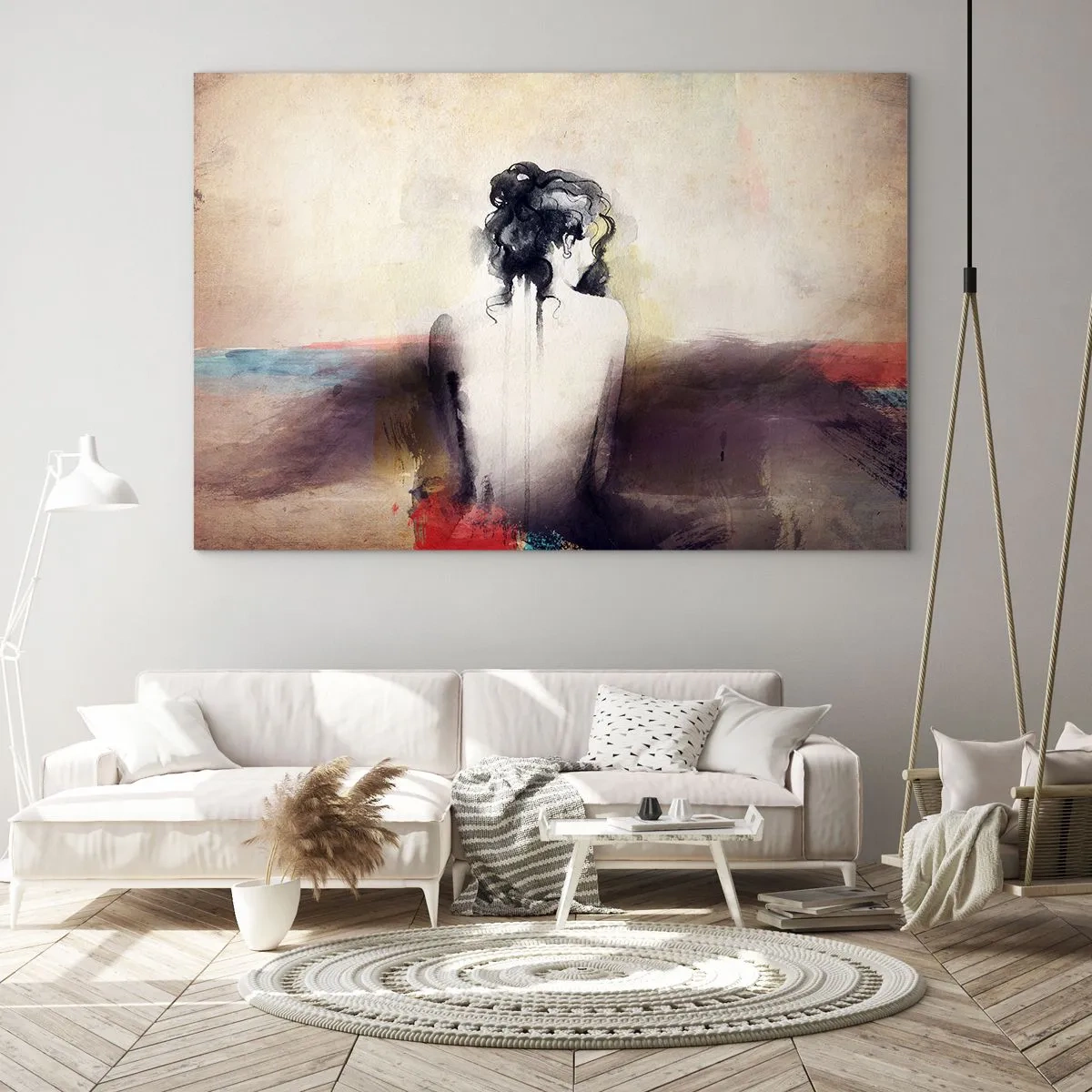 Impression sur verre - Image sur verre - Un portrait subtil d'une femme sur un fond de paysage pastel. - 70x50cm - Lignes lisses, formes ovales - Décoration murale moderne pour le salon et la chambre ARTTOR