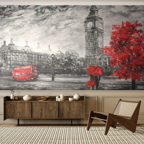 Papier Peint Photo Premium Canvas - Vue emblématique de Londres avec Big Ben, un bus rouge et un parapluie - 100x70cm - Une journée passionnante - Décoration murale moderne pour le salon et la chambre ARTTOR