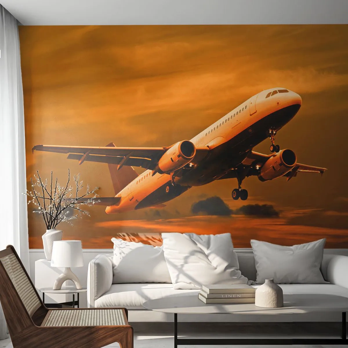 Papier Peint Photo Premium Sand - Un avion de ligne dans la lumière dorée du coucher du soleil - 100x70cm - Vol vers le soleil - Décoration murale moderne pour le salon et la chambre ARTTOR
