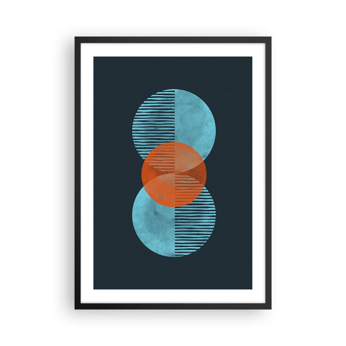 Affiche dans un cadre noir - Poster - Cercles symétriques dans les tons de bleu et d'orange avec des lignes - 50x70cm - Composition symétrique - Décoration murale moderne pour le salon et la chambre ARTTOR
