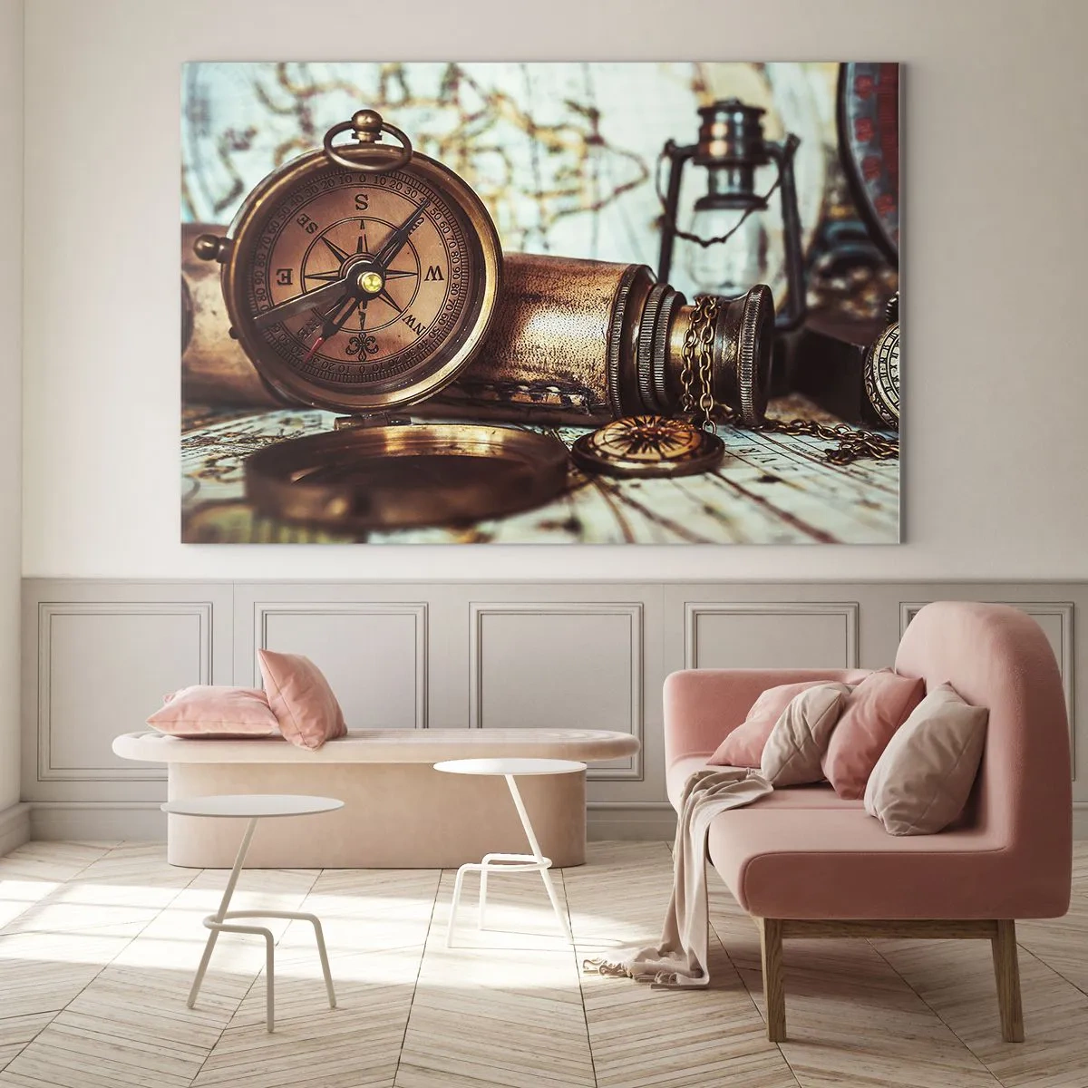 Impression sur verre - Image sur verre - Une boussole et une carte antiques sur fond d'aventures de pirates - 70x50cm - Une aventure de pirates dans les Caraïbes vous attend - Décoration murale moderne pour le salon et la chambre ARTTOR