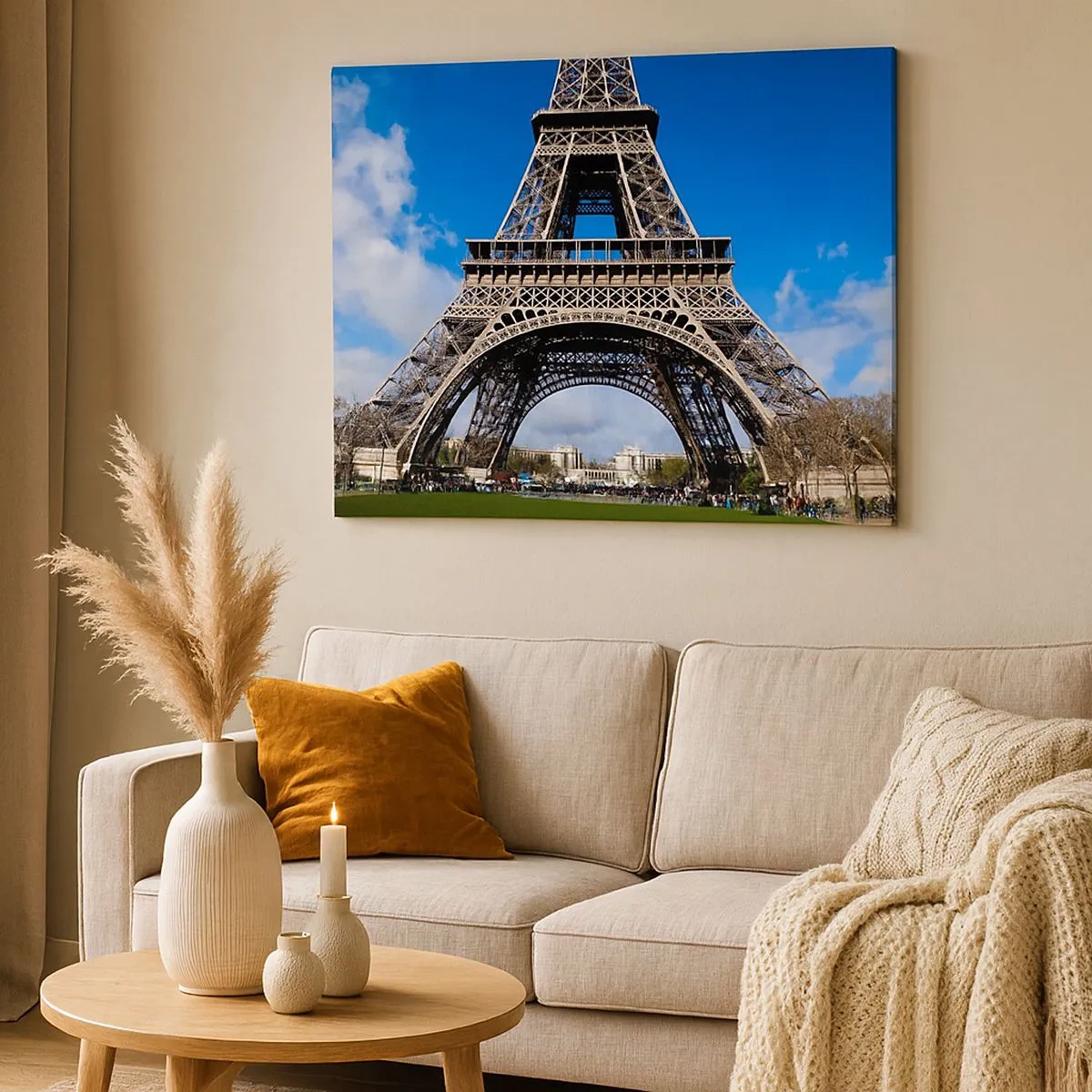 Impression sur toile - Image sur toile - La Tour Eiffel sur fond de ciel bleu et de parc verdoyant - 70x50cm - Tout Paris à ses pieds - Décoration murale moderne pour le salon et la chambre ARTTOR
