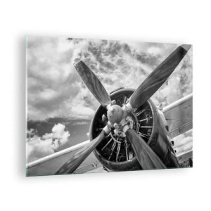 Impression sur verre - Image sur verre - Gros plan d'une hélice d'avion en noir et blanc. - 70x50cm - Dompteur de ciel - Décoration murale moderne pour le salon et la chambre ARTTOR