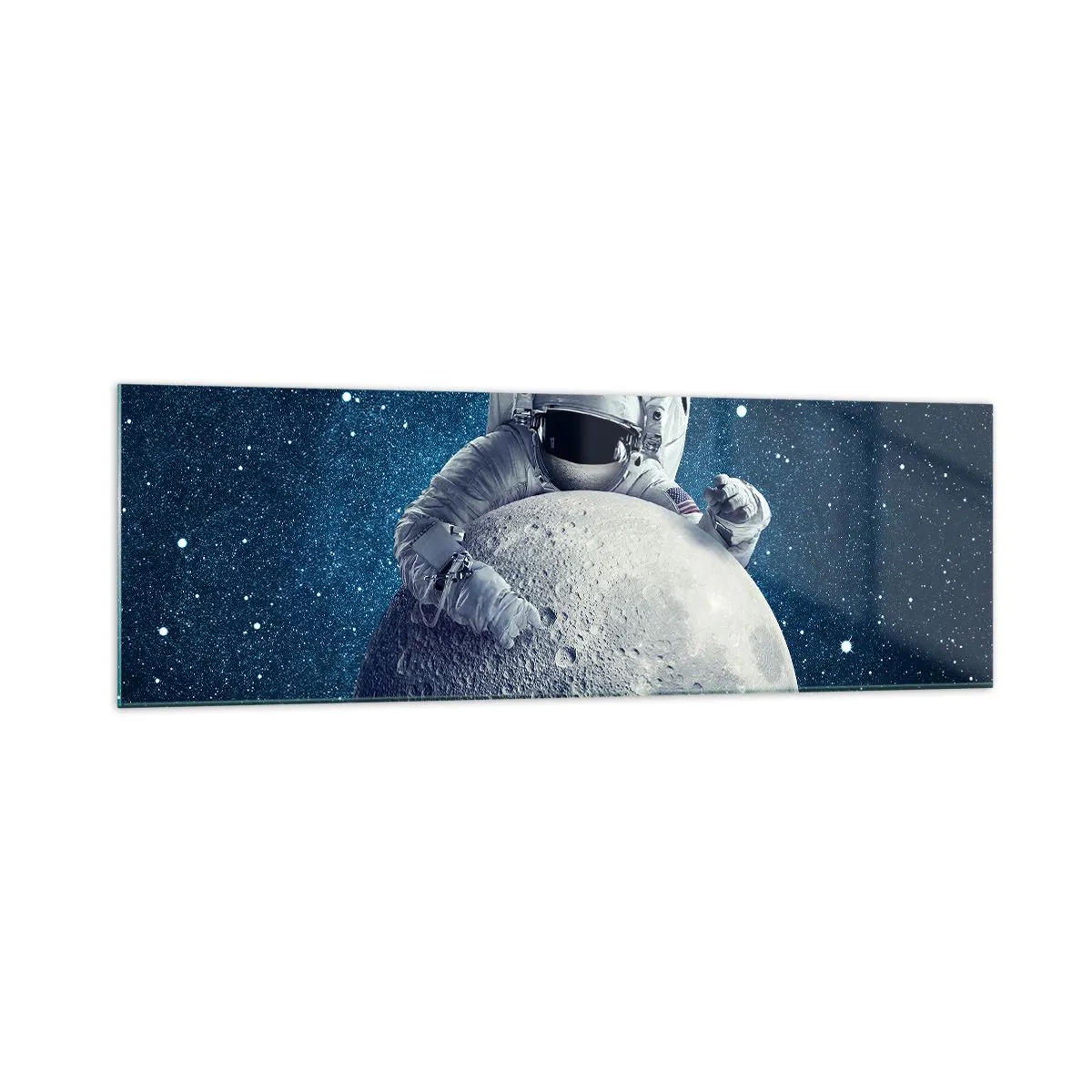 Impression sur verre - Image sur verre - Astronaute tenant la lune dans un ciel étoilé - 160x50cm - Comique de l'espace - Décoration murale moderne pour le salon et la chambre ARTTOR