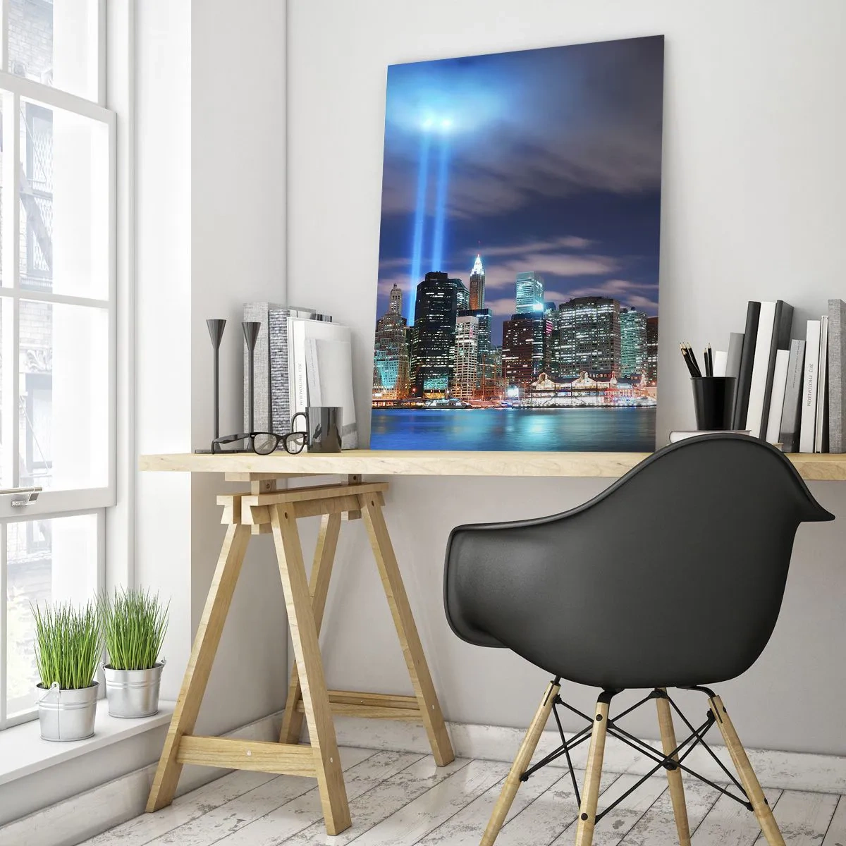 Impression sur verre - Image sur verre - Panorama nocturne de la ville avec deux faisceaux lumineux dans le ciel - 70x100cm - Atteindre le ciel avec la lumière - Décoration murale moderne pour le salon et la chambre ARTTOR