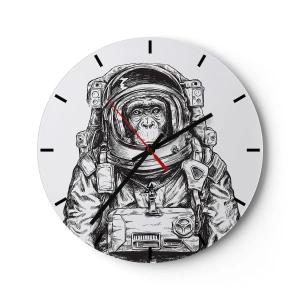 Horloge murale - Pendule murale - Un croquis en noir et blanc d'un singe astronaute. - 30x30cm - Évolution alternative - Décoration murale moderne pour le salon, la cuisine et la chambre ARTTOR