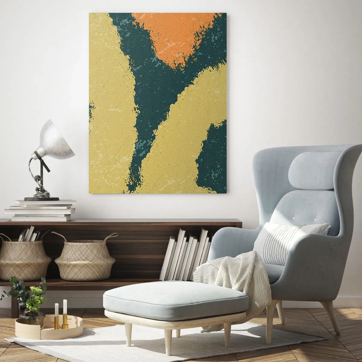 Impression sur verre - Image sur verre - Une abstraction fluide en moutarde, vert et orange. - 50x70cm - Abstraction – mouvement lent - Décoration murale moderne pour le salon et la chambre ARTTOR