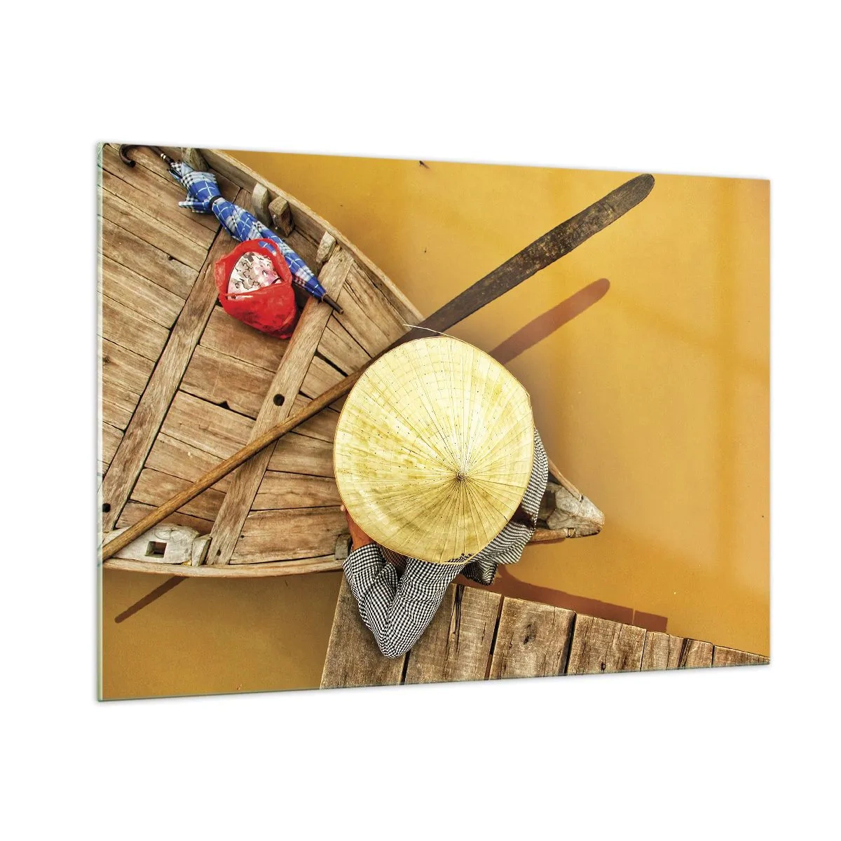 Impression sur verre - Image sur verre - Vue de dessus d'un bateau et d'une personne portant un chapeau conique - 100x70cm - La vie sur le fleuve Jaune - Décoration murale moderne pour le salon et la chambre ARTTOR
