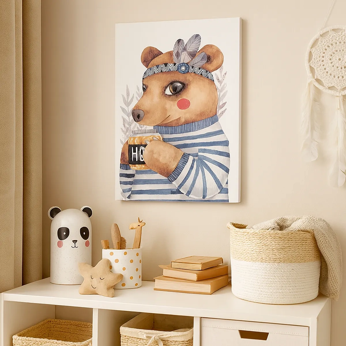 Impression sur toile - Image sur toile - Un ours en peluche dans un pull rayé avec une tasse de miel - 50x70cm - Un nounours trop mignon - Décoration murale moderne pour le salon et la chambre ARTTOR