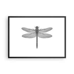Affiche dans un cadre noir - Poster - Dessin noir et blanc d'une libellule sur fond blanc dans un style minimaliste - 70x50cm - Précision de la nature - Décoration murale moderne pour le salon et la chambre ARTTOR