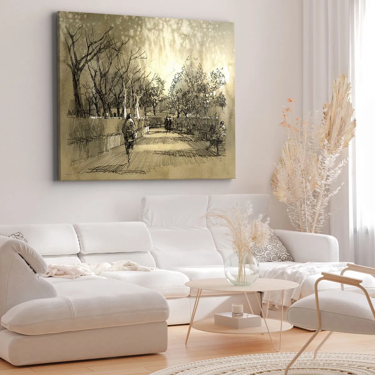 Impression sur toile - Image sur toile - Une scène de dessin animé d'un parc avec des gens marchant dans des tons chauds. - 120x80cm - Un moment arrêté avec une plume - Décoration murale moderne pour le salon et la chambre ARTTOR
