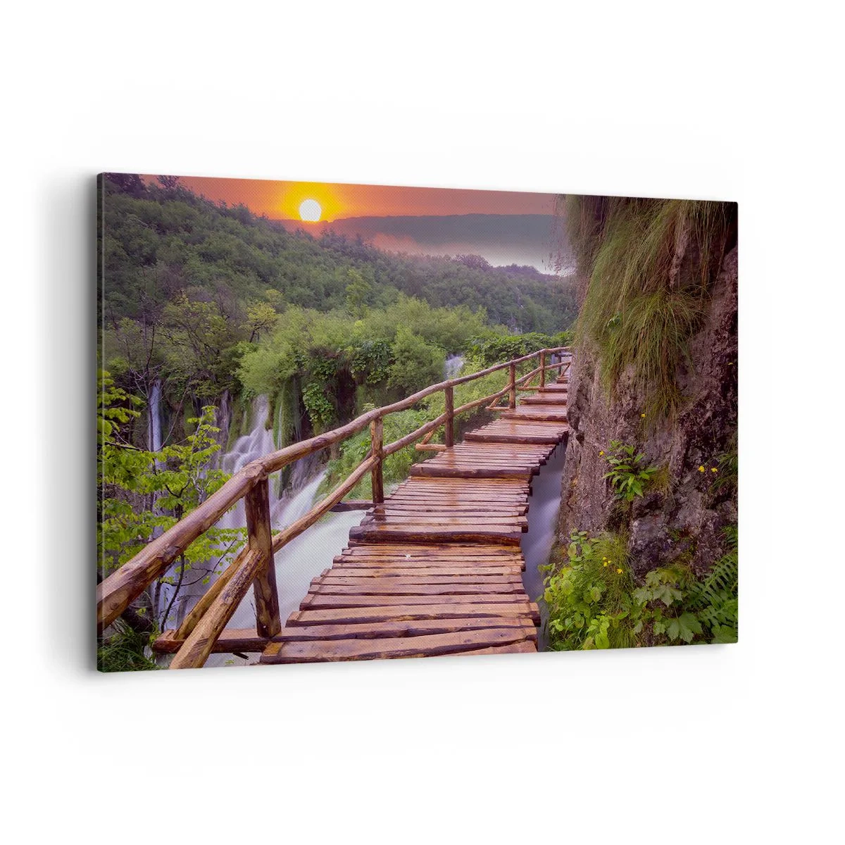 Impression sur toile - Image sur toile - Un pont surplombant les cascades au coucher du soleil - 100x70cm - La beauté au-delà de la croyance - Décoration murale moderne pour le salon et la chambre ARTTOR
