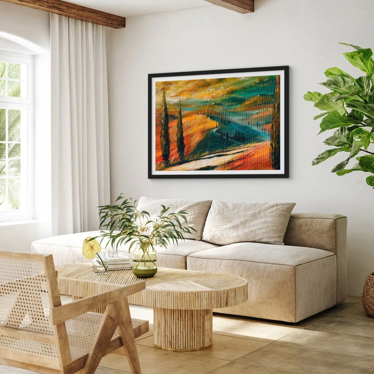 Affiche dans un cadre noir - Poster - Paysage toscan avec champs, route et cyprès - 100x70cm - paysage toscan - Décoration murale moderne pour le salon et la chambre ARTTOR