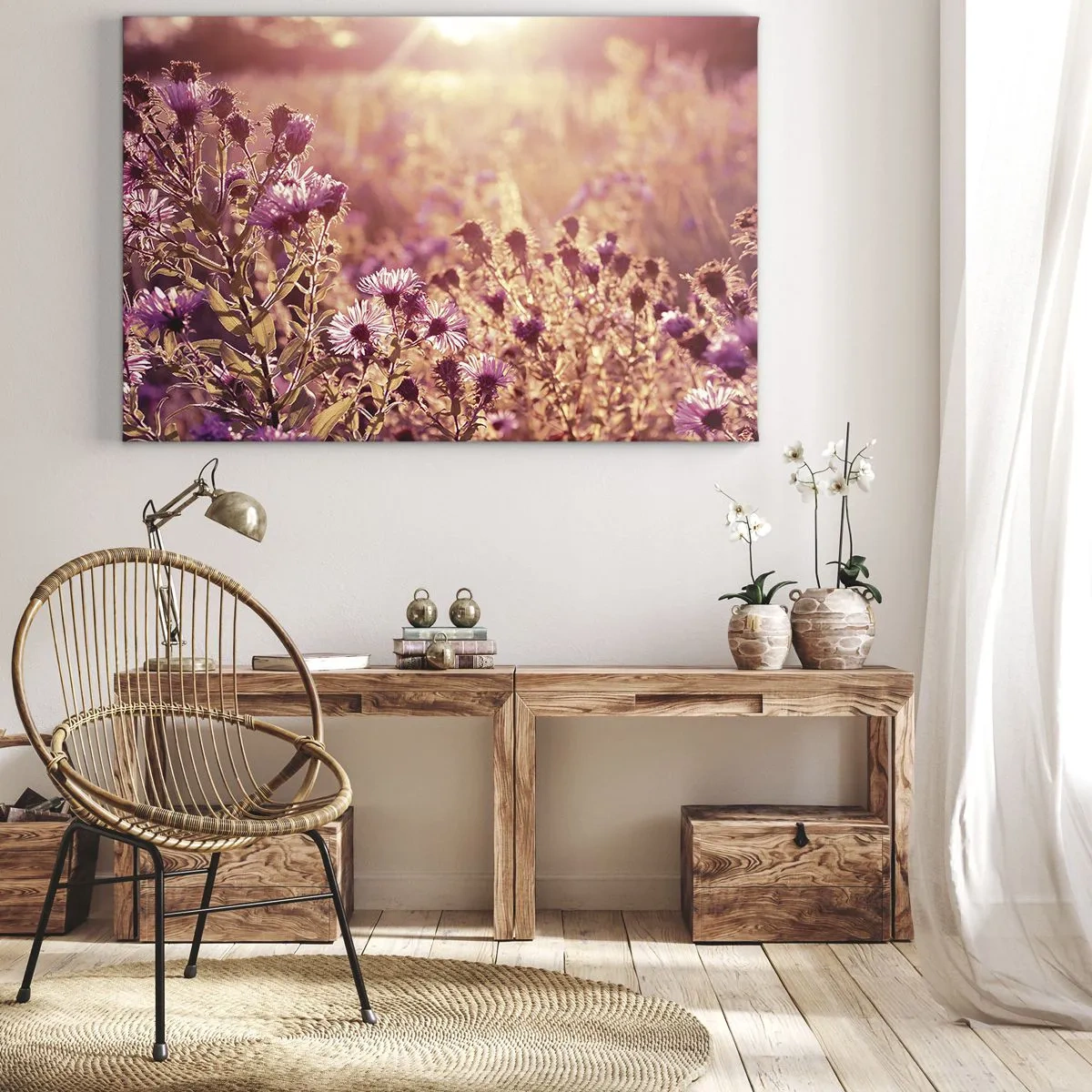 Impression sur toile - Image sur toile - Prairie à la lumière du soleil couchant - 100x70cm - Avant que l'été ne parte - Décoration murale moderne pour le salon et la chambre ARTTOR