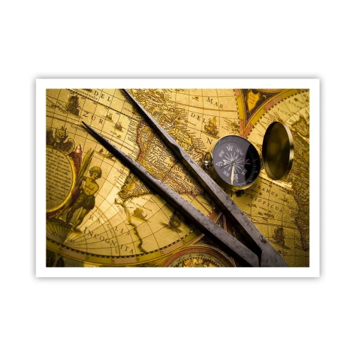 Affiche - Poster - Une carte du monde antique avec une boussole et un compas en arrière-plan - 100x70cm - Où sont ces trésors? - Décoration murale moderne pour le salon et la chambre ARTTOR