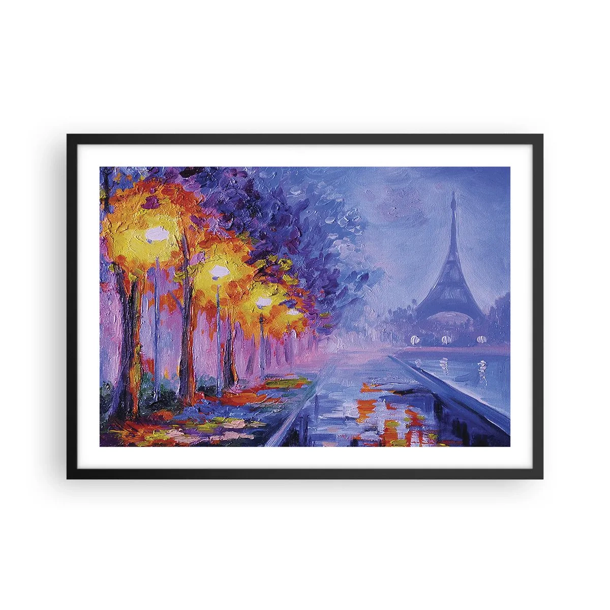 Affiche dans un cadre noir - Poster - Une avenue avec des lampadaires à Paris avec la Tour Eiffel en arrière-plan - 70x50cm - Une ballade idéale - Décoration murale moderne pour le salon et la chambre ARTTOR