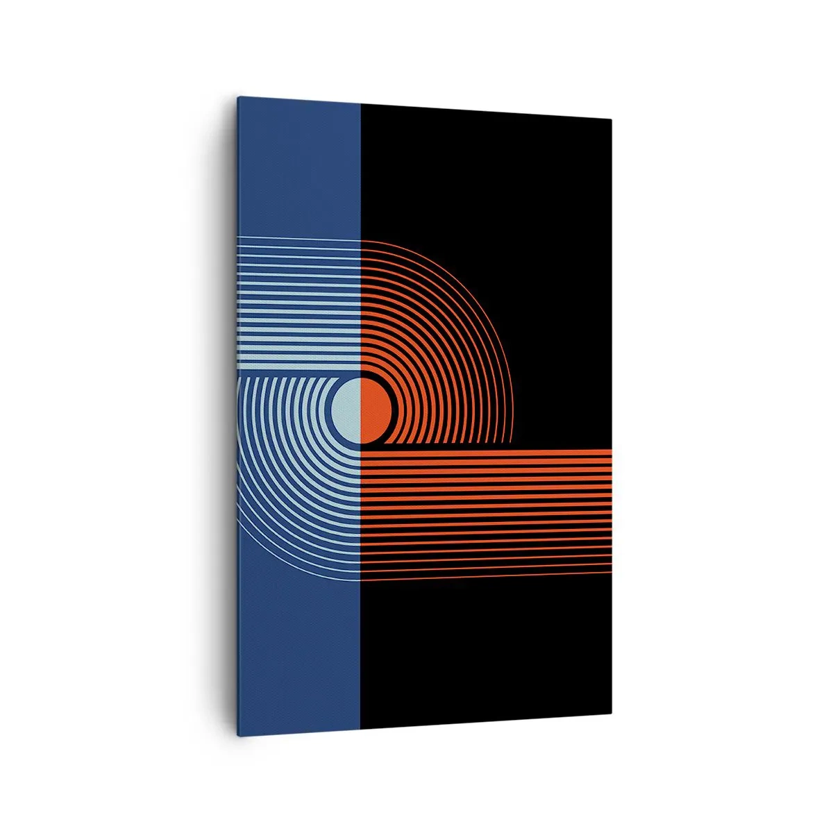 Impression sur toile - Image sur toile - Abstraction géométrique avec des lignes bleu marine et orange. - 80x120cm - Dans une étreinte géométrique - Décoration murale moderne pour le salon et la chambre ARTTOR