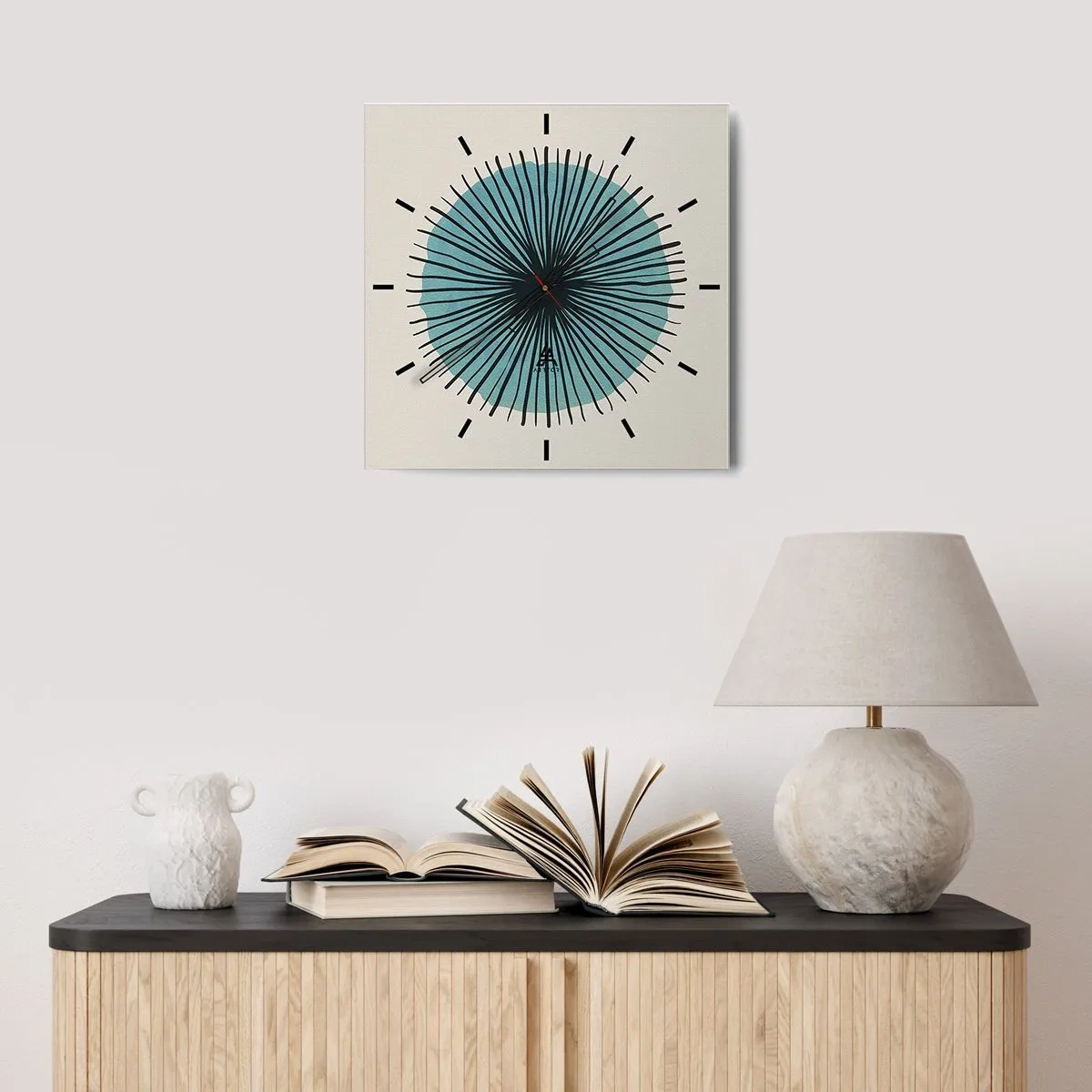 Horloge murale - Pendule murale - Forme circulaire abstraite avec des rayons bleus - 30x30cm - Rayonnant dans l'azur - Décoration murale moderne pour le salon et la chambre ARTTOR