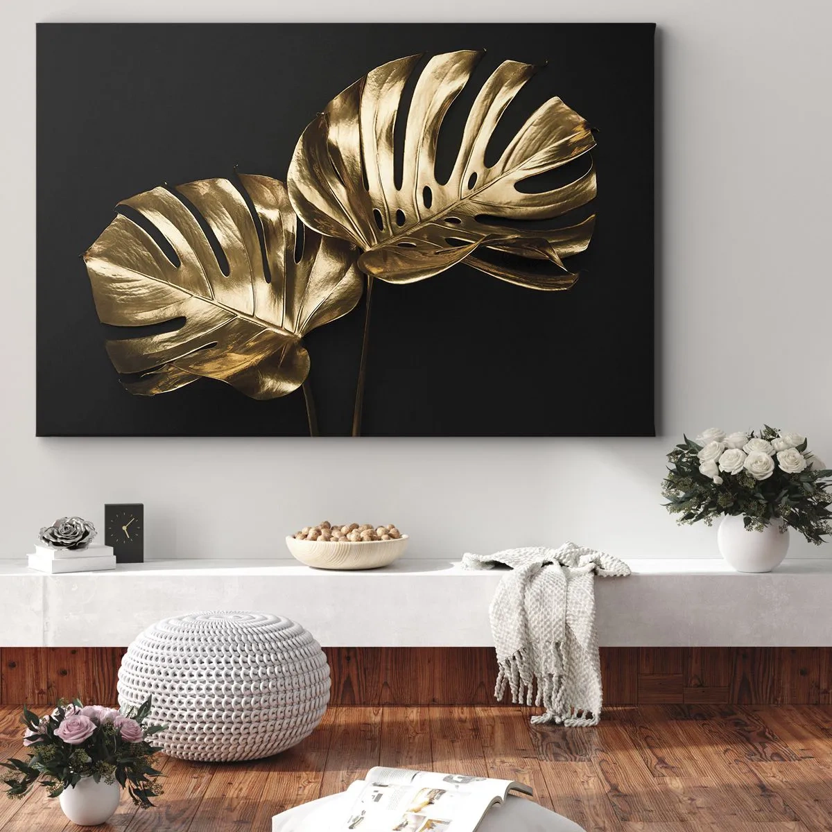 Impression sur toile - Image sur toile - Feuilles de monstera dorées sur fond noir - 70x50cm - Les trésors de la nature - Décoration murale moderne pour le salon et la chambre ARTTOR