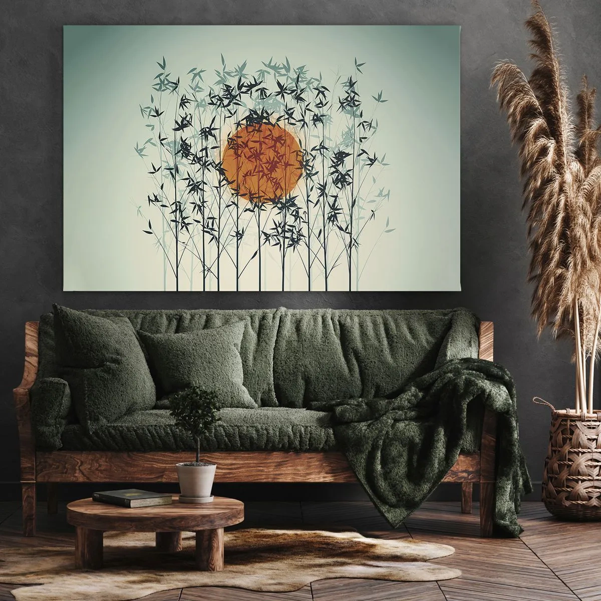 Impression sur toile - Image sur toile - Soleil orange parmi les branches de bambou - 100x70cm - Soleil japonnais - Décoration murale moderne pour le salon et la chambre ARTTOR