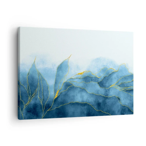 Impression sur toile - Image sur toile - Vagues abstraites dans des tons de bleu avec des accents dorés - 70x50cm - Bleu doré - Décoration murale moderne pour le salon et la chambre ARTTOR
