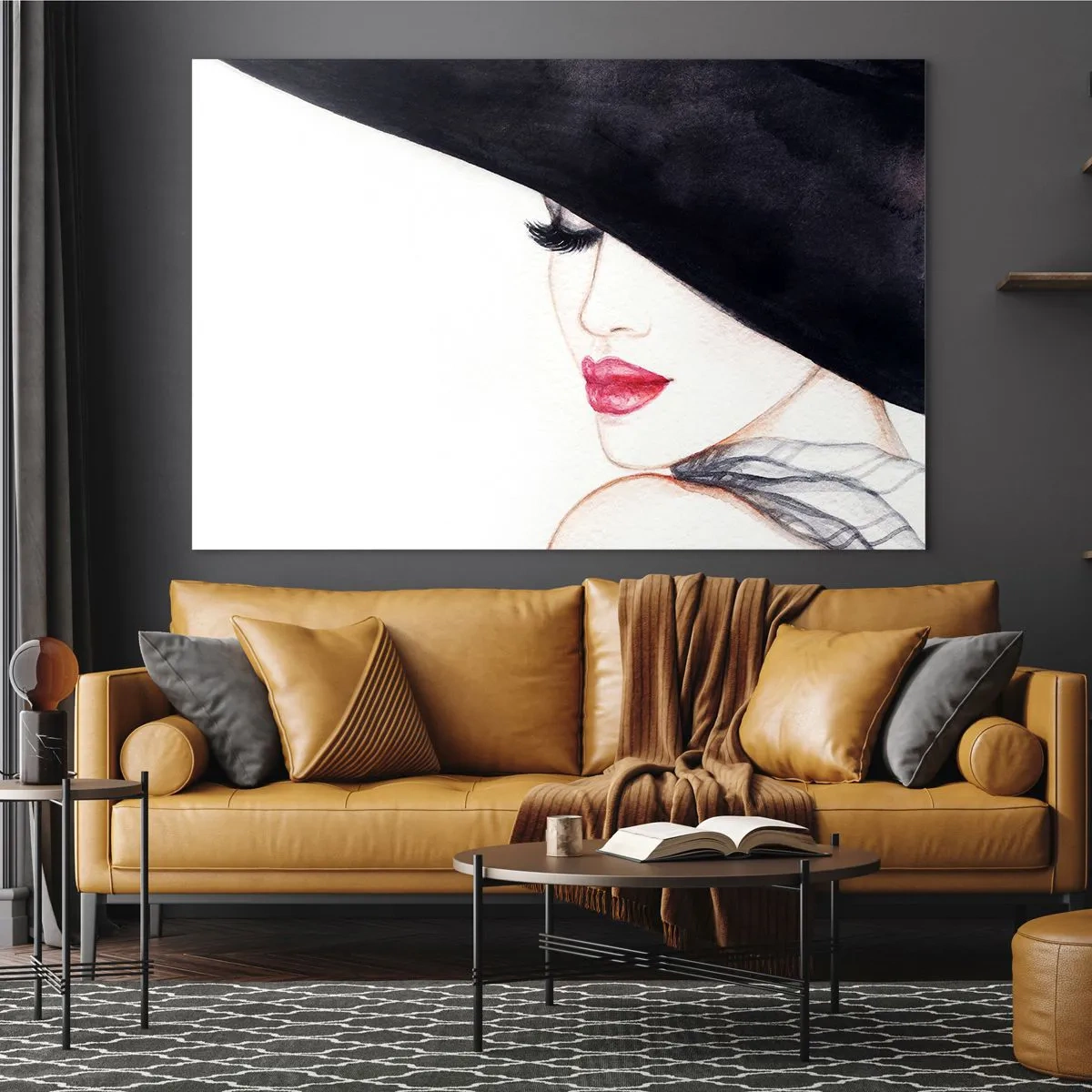 Impression sur verre - Image sur verre - Un portrait subtil d'une femme au chapeau et aux lèvres rouges - 70x50cm - Élégance et sensualité - Décoration murale moderne pour le salon et la chambre ARTTOR
