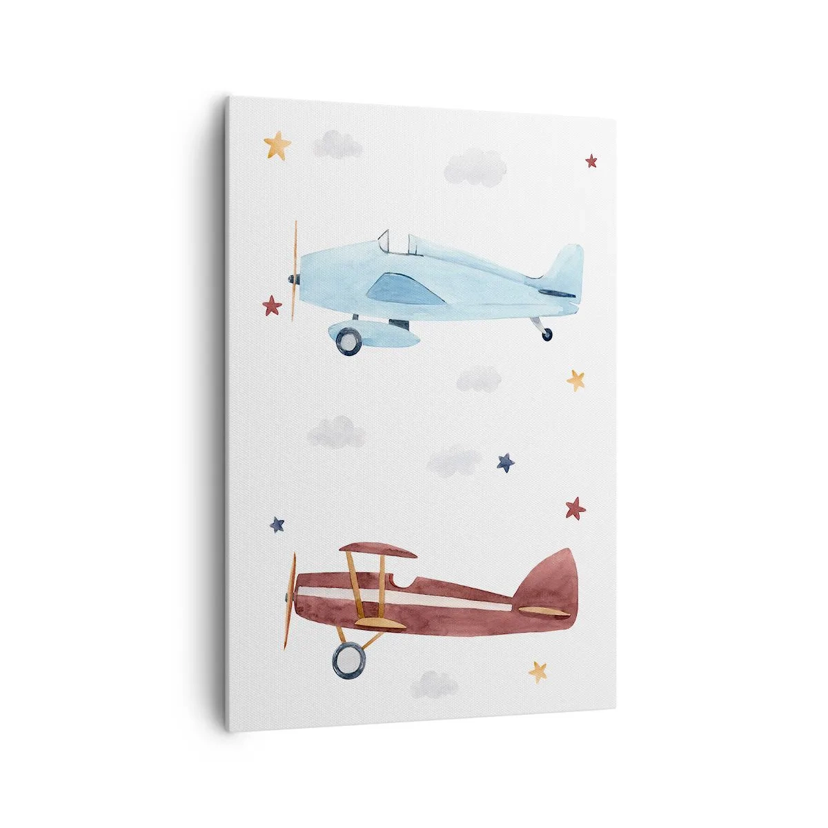 Impression sur toile - Image sur toile - Avions peints à la main sur fond de nuages et d'étoiles - 70x100cm - Monsieur le pilote, nous vous attendons ! - Décoration murale moderne pour le salon et la chambre ARTTOR