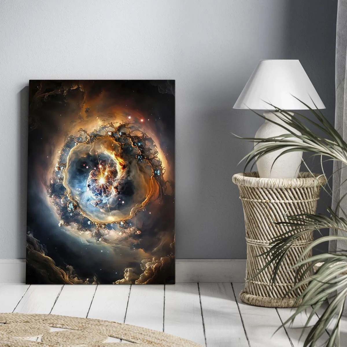 Impression sur toile - Image sur toile - Une vision abstraite d'une explosion cosmique dans des tons d'or et de bleu. - 80x120cm - Le début - Décoration murale moderne pour le salon et la chambre ARTTOR